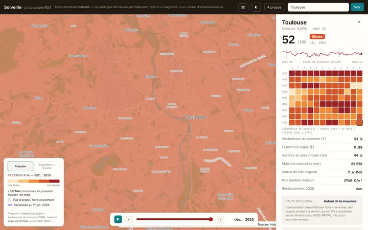Carte Solveille centrée sur Toulouse, avec le panneau de la commune : score 52 sur 100, courbe de pression depuis 2017 et calendrier mensuel.